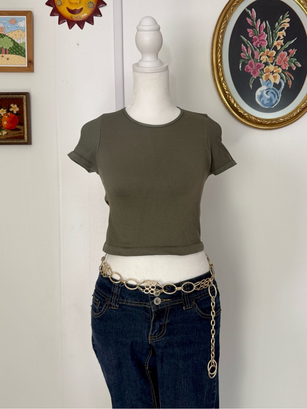Olive Green Ribbed Crop Tee - Women's Top